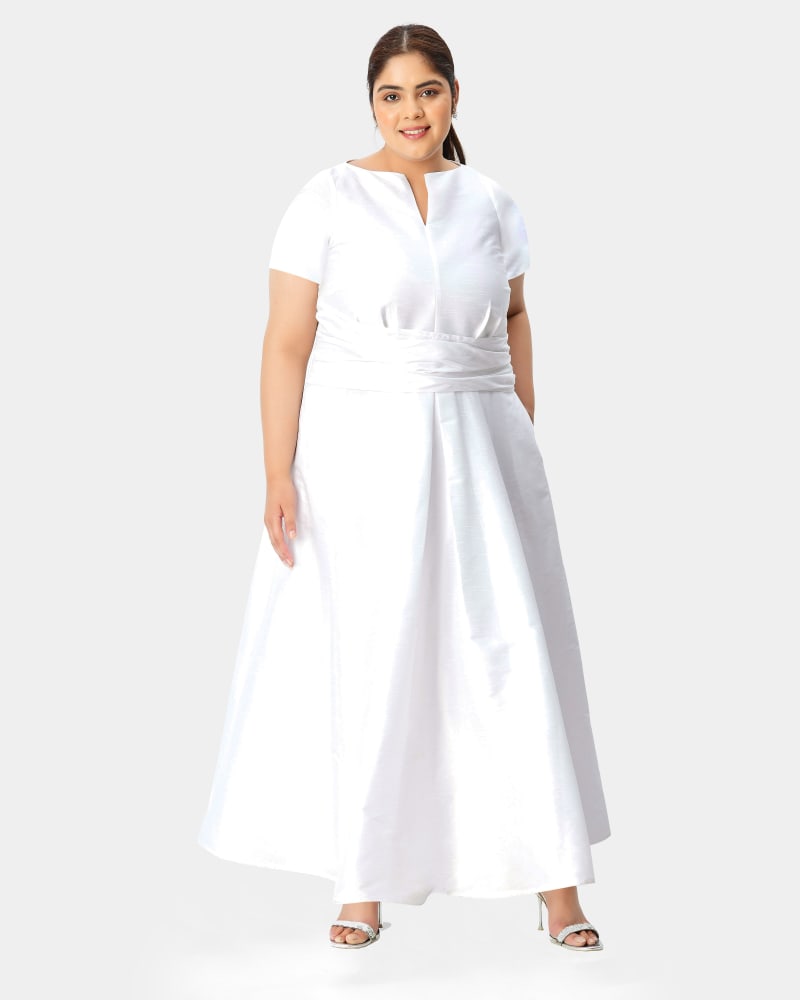 Front of a model wearing a size L-14 Jasmine boatneck dress in White by eShakti. | dia_product_style_image_id:290390